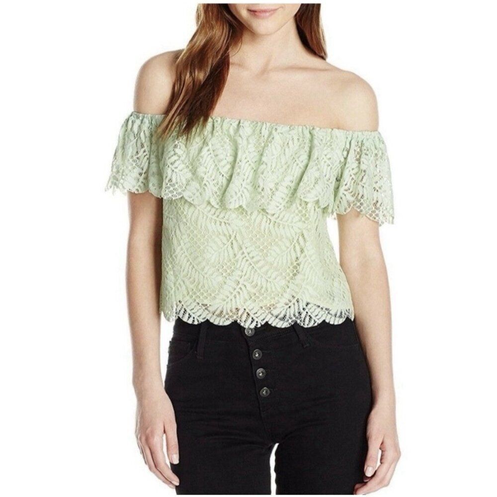 guess Sasha soft light green Nylon lace crop Cold Shoulder top Small